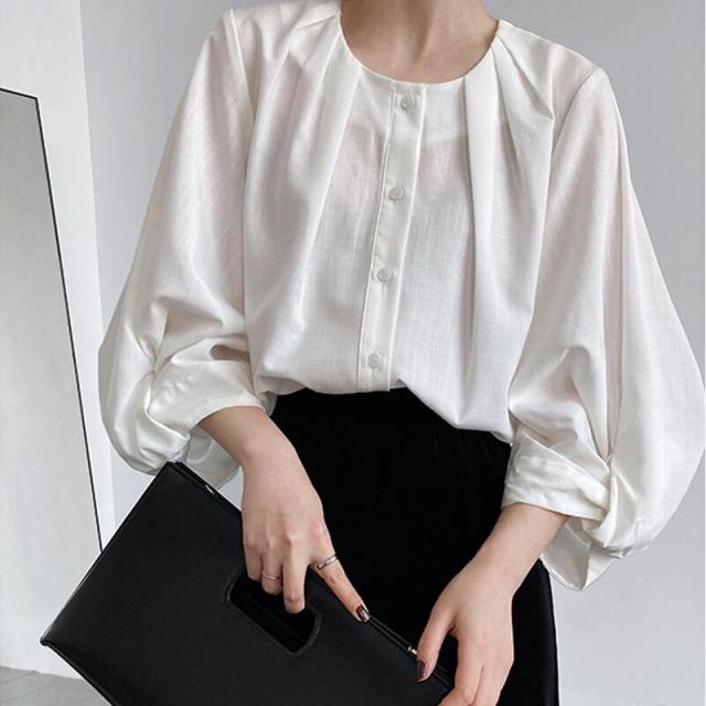 レディースブラウス 韓国風 無地 ボリュームスリーブ ゆったり 体型カバー オフィス ラウンドネック ホワイト ブラック グリーン