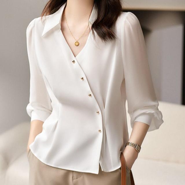 レディース 春新作 韓国風 無地 シンプル 半袖 ブラウス 春秋 通勤 事務服 オフィス フォーマル 白 黒 トップス 大人可愛い