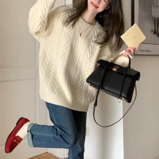 レディース ケーブルニットセーター ラウンドネック フリーサイズ 20代30代40代ママ 春秋冬 大人カジュアル シンプル 着回し