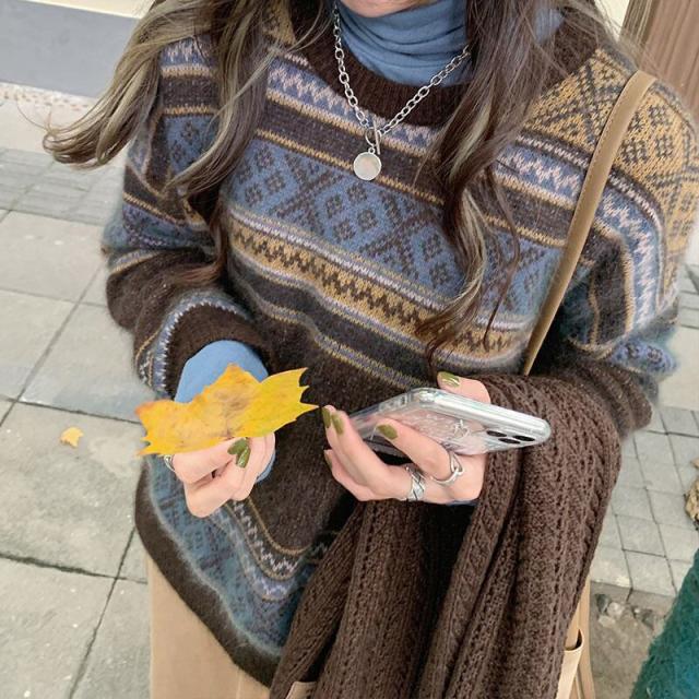 レディースニットセーター ラウンドネック長袖トップス 春秋冬 韓国ファッション 大人カジュアル ブラウン 20代30代40代 ママさん