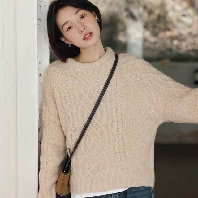 ケーブルニットセーター レディース ラウンドネック 春秋冬 大人カジュアル ２０代３０代４０代ママ向け ホワイト オレンジ ブラウン