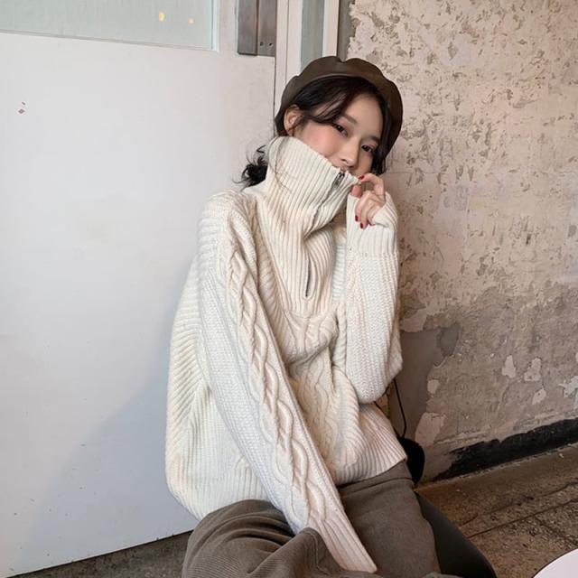 レディース ハイネック ニットプルオーバー ジッパー付き ゆったりシルエット ロングスリーブ 春秋冬 きれいめ 韓国ファッション