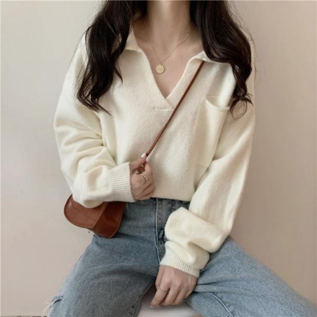 レディース Vネックニットセーターとベスト 春・秋・冬 カジュアルトップス 韓国ファッション アプリコット・ホワイト・オレンジの3色展開