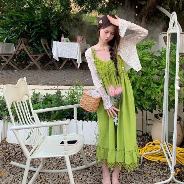 春夏新作 マタニティ ロングワンピース レース 長袖 キャミ切替 レディース 韓国風 グリーン ナチュラルカジュアル 20代30代