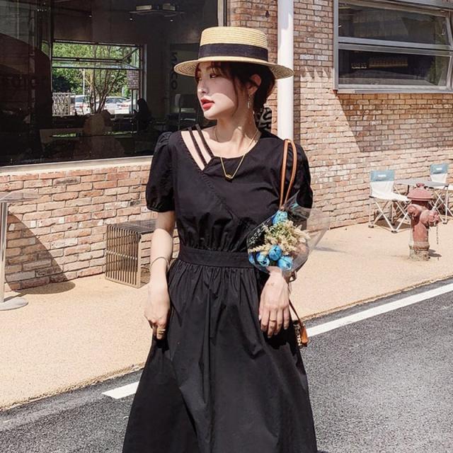 ワンピース きれいめフレアAライン リボン付き半袖 ブラック レディース マタニティ 大きいサイズ 膝下丈 春夏秋 韓国ワンピース