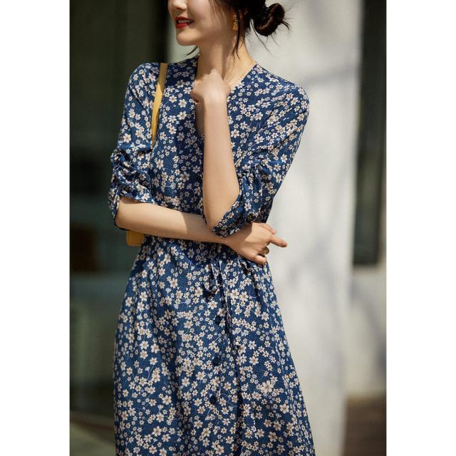 春夏秋マタニティと大きいサイズ レディース花柄膝下丈七分袖タイト着痩せできれいめワンピース 韓国風上品オフィス通勤カジュアルフォーマル