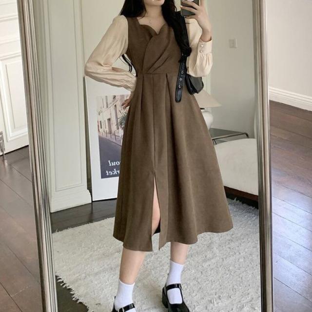春新作 ワンピース 春 秋 ロング マタニティ ロングワンピース 大きいサイズ レディース ロング丈 長袖 韓国ワンピース ブラウン 20代 30代