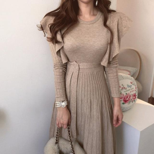 ワンピース 春 秋 冬 フリル ロング マタニティ 無地 ロングワンピース レディース ロング丈 長袖 ニットワンピース 韓国ワンピース 20代 30