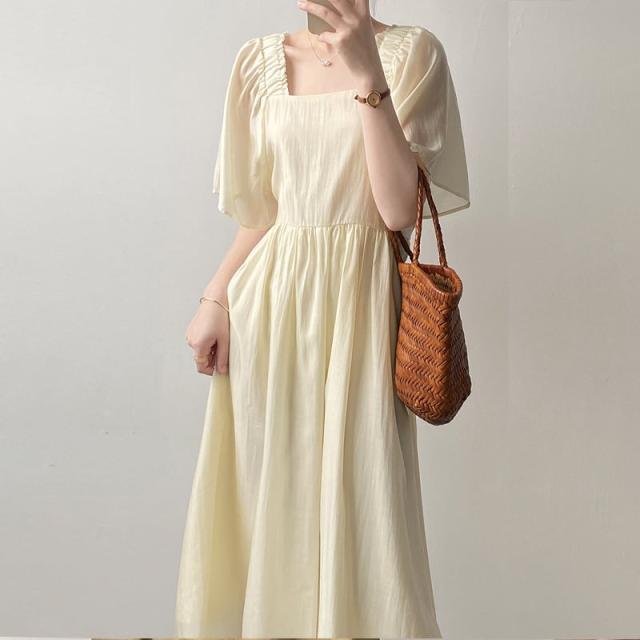 春新作 ワンピース 春 夏 ロング マタニティ 無地 ロングワンピース レディース ロング丈 半袖 韓国ワンピース スクエアネック アプリコット ピン