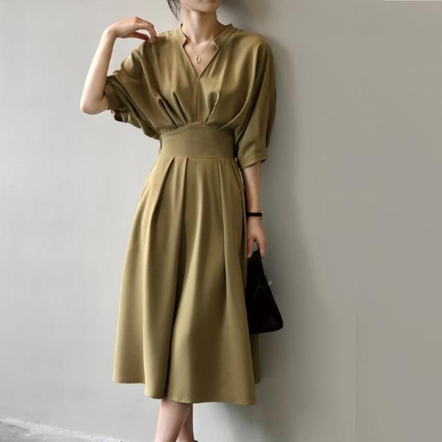 春新作 ワンピース 春 夏 ロング マタニティ ロングワンピース レディース ロング丈 無地 ハイウエスト 七分袖 韓国ワンピース フレアワンピース