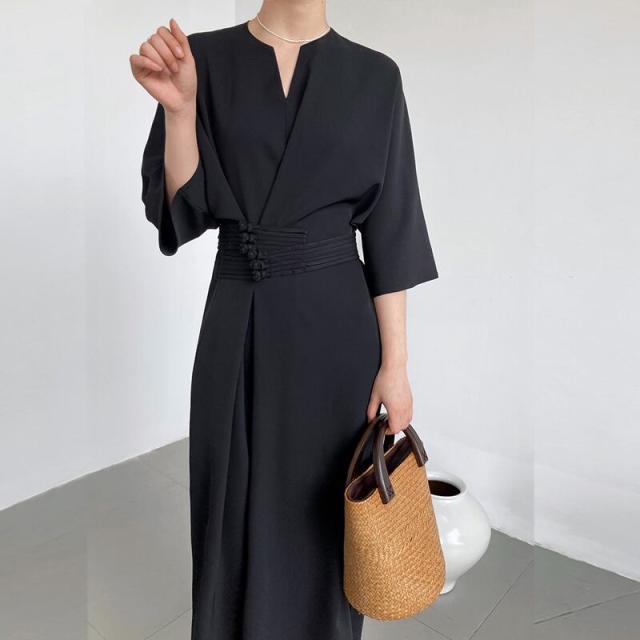 春新作 ワンピース 春 夏 ロング ロングワンピース レディース 韓国ワンピース 七分袖 ドレス 春秋 デート服 Vネック Aラインワンピース 30代