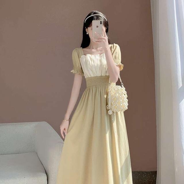 スクエアネック ワンピース 春新作 ワンピース パフスリーブ 春 夏 ロング ロングワンピース 大きいサイズ レディース シャツワンピース ロング丈