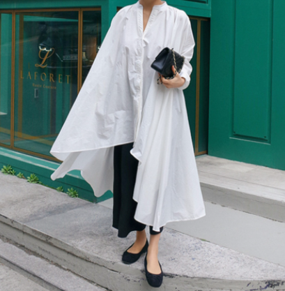 ワンピース シャツワンピース ワンピドレス l 袖あり 長袖 Vネック アシンメトリー 綿 大人可愛い きれいめ シンプル 上品 おしゃれ かっこいい ロング・マキシ丈