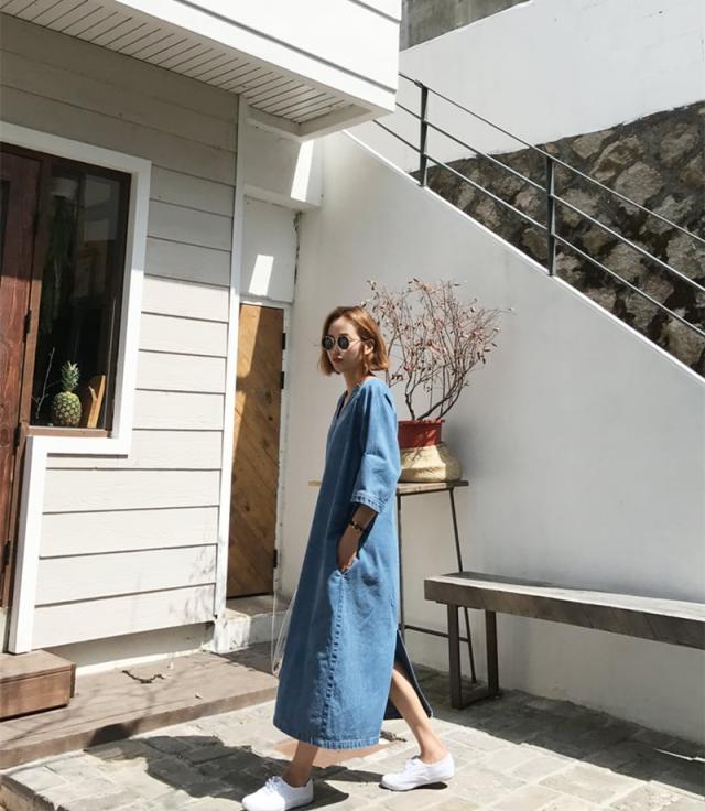 Vネックデニムワンピース ワンピース ロングスカート デニムスカート l