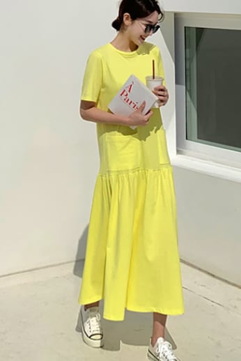 半袖Tシャツワンピース ワンピース フレアスカート ロング丈 l Uネック フレア 切り替えデザイン 綿 かわいい シンプル カジュアル おしゃれ 無