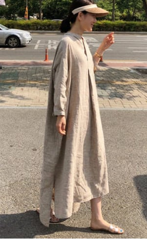 リネンシャツロングワンピース ワンピース シャツワンピース ロング丈 l 長袖 Vネック Aライン リネン 大人可愛い シンプル 大人 無地 春 夏