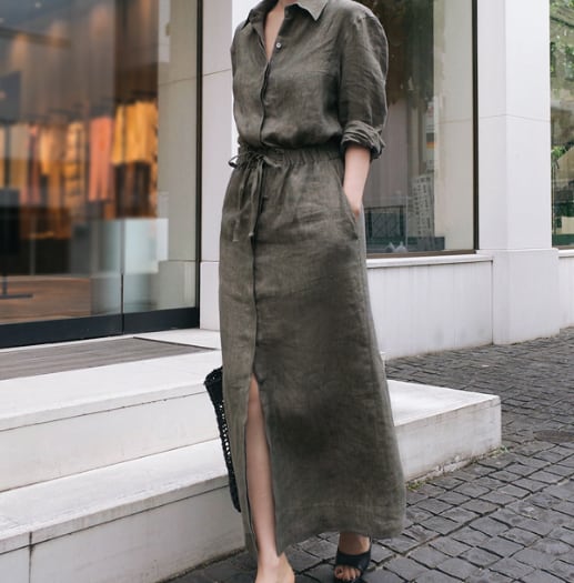 長袖者シャツワンピース ワンピース シャツ ロング丈 l 長袖 襟付き