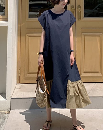 半袖裾フリルワンピース ワンピース ロング丈 袖あり l ラウンドネック フレア かわいい 大人可愛い きれいめ シンプル 上品 おしゃれ 無地 春