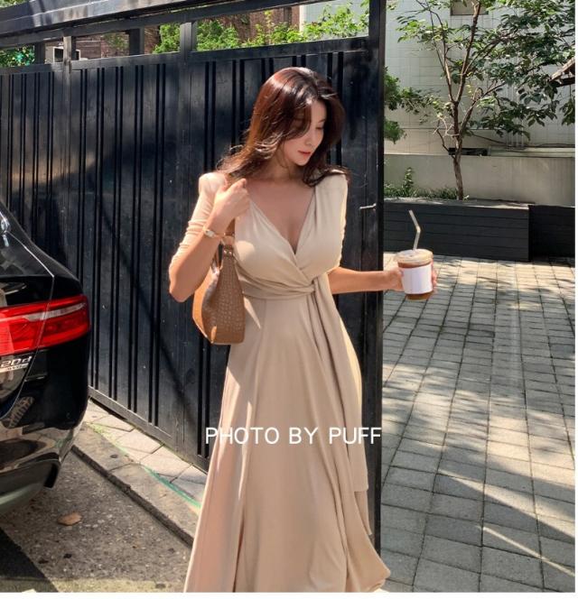 ワンピース ロング ロング丈 l 7分袖 七分袖 Vネック セミフレア ウエストリボン 大人可愛い きれいめ シンプル 大人 上品 おしゃれ お洒落