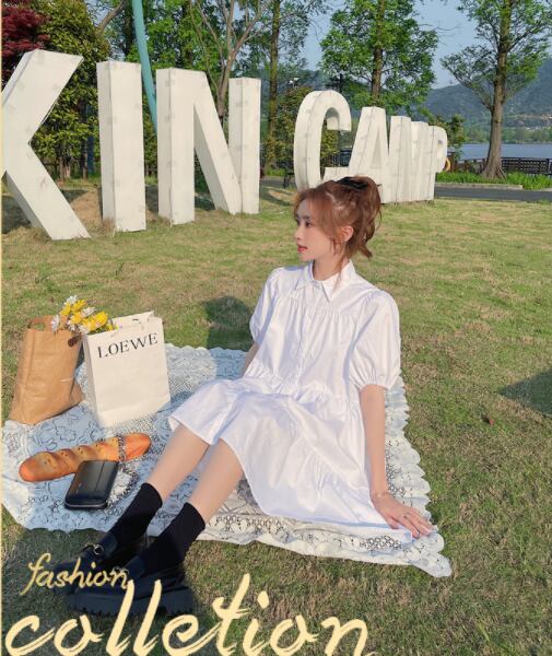 ワンピース シャツ 白トップス l 袖あり パフスリーブ 襟付き ポリエステル かわいい カジュアル 上品 おしゃれ ラフ キュート ガーリー 無地