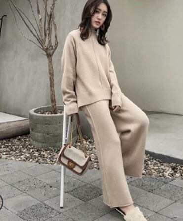 ニットセットアップ セットアップ セーター ワイドパンツ l 長袖 ハイネック ストレート ワイド サマーニット 上下セット 2点セット 大人可愛い