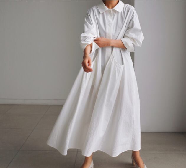 コットン100％シャツワンピース　 ワンピース シャツ シャツワンピース l ロング丈 長袖 襟付き 0 綿 きれいめ シンプル カジュアル こなれ感