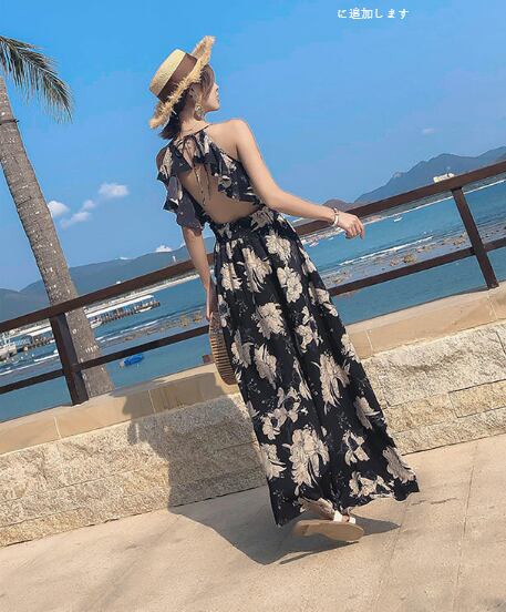 花柄シフォンワンピース ロング ロング丈 袖なし l Vネック シフォン