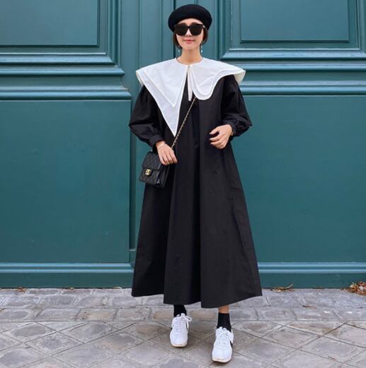 ビッグ襟付きボリュームワンピース 膝下 ミモレ l ロング ロング丈 長袖 ボリューム袖 襟付き フレア マーメイド カジュアル ラブリー キュート ビッグ襟付きボリュームワンピース 膝下 ミモレ l ロング ロング丈