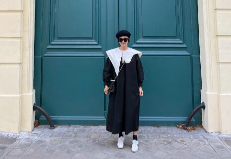 ビッグ襟付きボリュームワンピース 膝下 ミモレ l ロング ロング丈