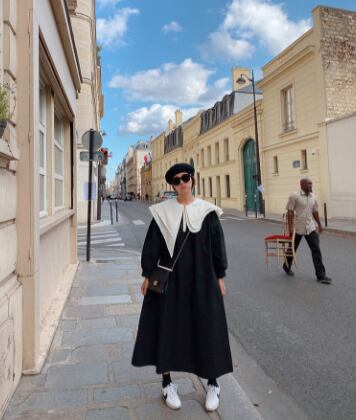 ビッグ襟付きボリュームワンピース 膝下 ミモレ l ロング ロング丈