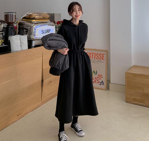 スウェットロングワンピース ロング ロング丈 l フード付き シンプル カジュアル メンズライク マニッシュ ボーイッシュ スポーティー 無地 レディ