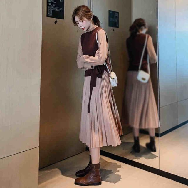 トップス ワンピース セットアップ l 膝下 ミモレ ミモレ丈 袖あり 長袖 襟付き スタンドカラー Aライン 切り替えデザイン フリル ベルト ウエの通販は 17,460円