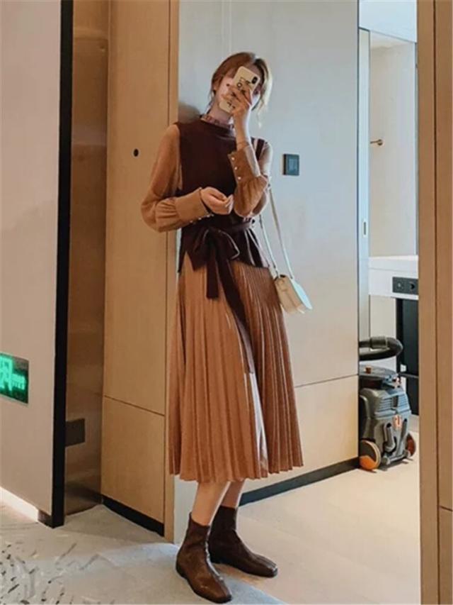 トップス ワンピース セットアップ l 膝下 ミモレ ミモレ丈 袖あり 長袖 襟付き スタンドカラー Aライン 切り替えデザイン フリル ベルト ウエ トップス ワンピース セットアップ l 膝下 ミモレ ミモレ丈 袖あり