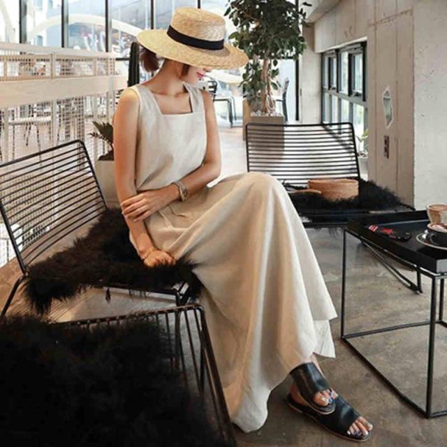 ノースリーブワンピース ワンピース 膝下 l ロング丈 マキシ マキシ丈 袖なし ノースリーブ スクエアネック 襟なし 切り替えデザイン 背面 バック