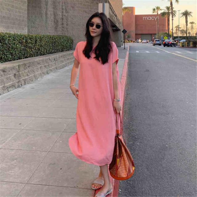 Tシャツワンピース ワンピース Tシャツ l ミモレ ミモレ丈 ロング 袖あり 半袖 ドロップショルダー ラウンドネック 襟なし Aライン ポケット