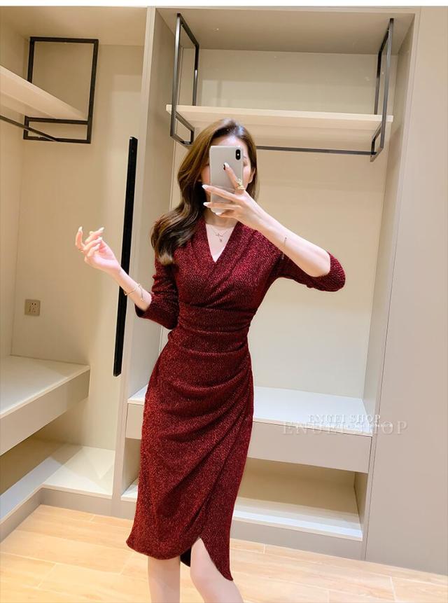 ワンピース ワンピドレス 膝丈 l 袖あり 長袖 Vネック カシュクール