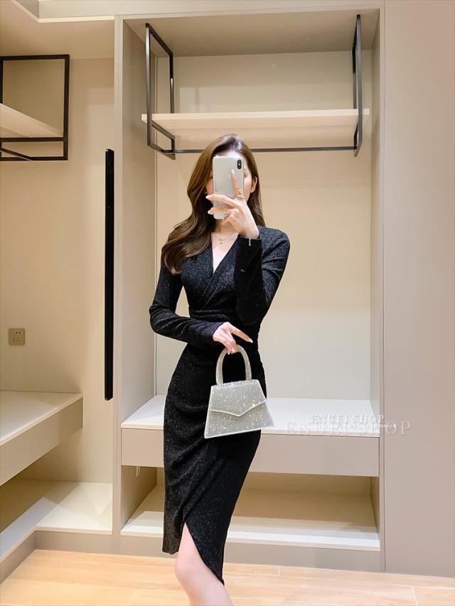 ワンピース ワンピドレス 膝丈 l 袖あり 長袖 Vネック カシュクール スリム タイト 細身 アシンメトリー スマート ウエストマーク 伸縮性 ドレ ワンピース ワンピドレス 膝丈 l 袖あり 長袖 Vネック カシュクール