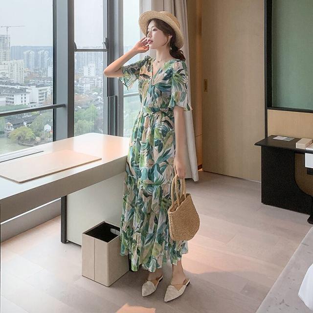 ワンピース ワンピドレス ロング丈 l 袖あり 半袖 5分袖 五分袖 Vネック Aライン シフォン ウエストマーク ハイウエスト 透け感 ティアード