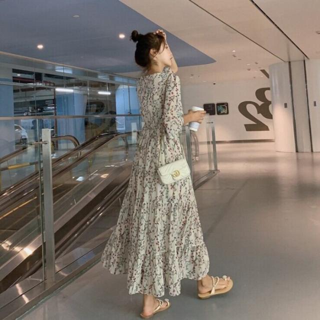 レディースワンピース 七分袖 ロング丈 ミドル丈 l Vネック ハイ