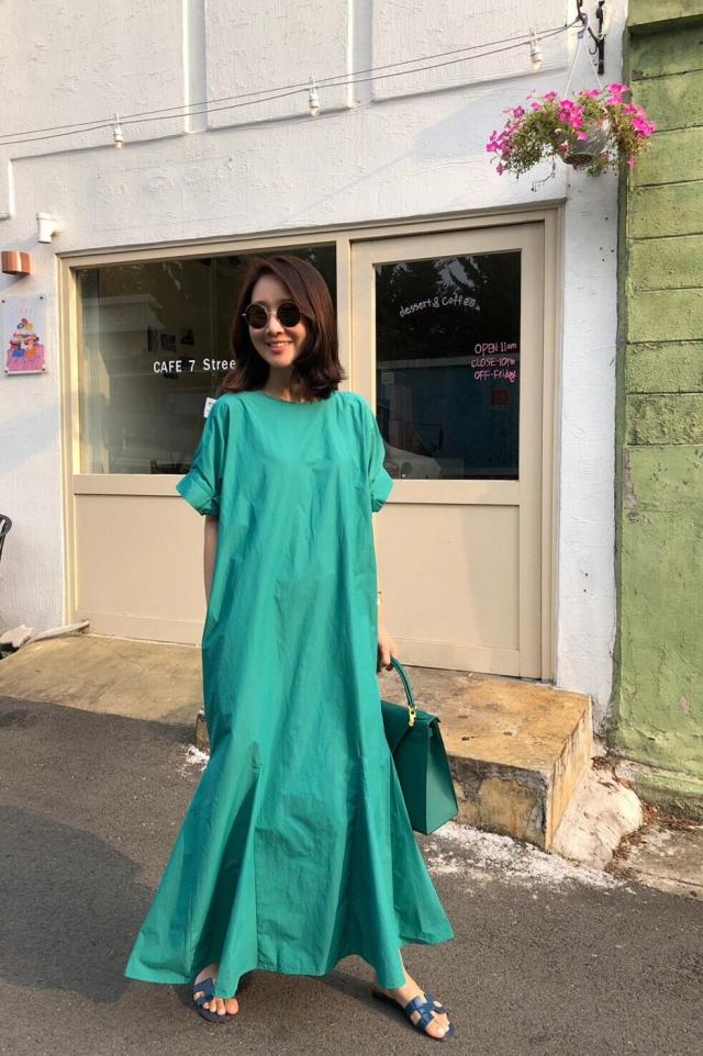 レディースワンピース 半袖 ロング丈 ミドル丈 l ラウンドネック ポケット付き 無地 バックファスナー ジップアップ マーメイドスカート ドレス 春