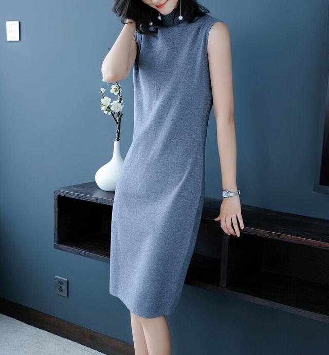 レディースニットワンピース 袖なし ノースリーブ 膝丈 l ハイネック