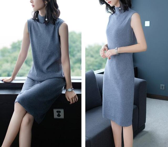 レディースニットワンピース 袖なし ノースリーブ 膝丈 l ハイネック 無地 スリム ドレス 春 秋 大人可愛い 大人女子 おしゃれ お洒落 フォーマ レディースニットワンピース 袖なし ノースリーブ 膝丈 l ハイネック