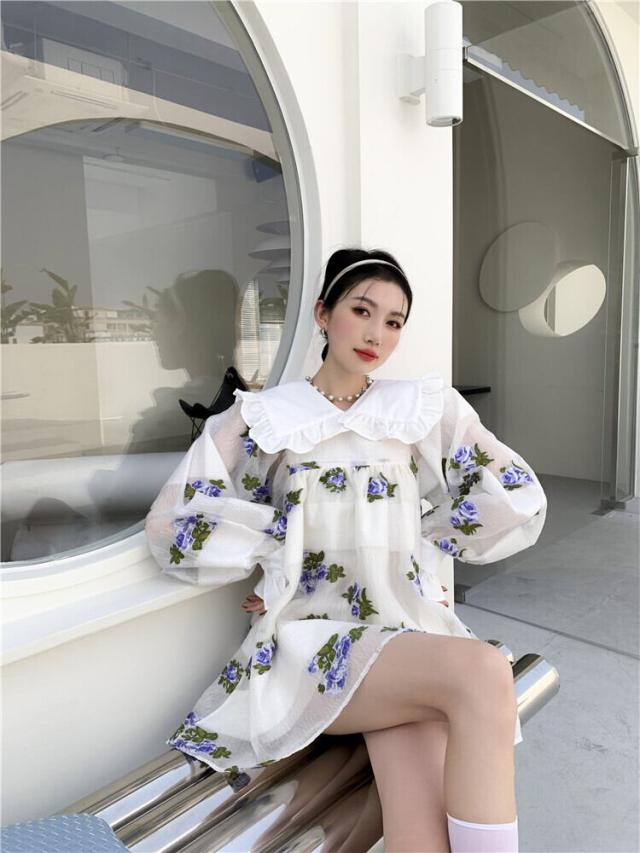 レディースワンピース 長袖 ミニ丈 シフォン l 襟あり ビッグカラー Aライン ボリューム袖 フリル フレア チュニック ドレス 春 秋 大人可愛い レディースワンピース 長袖 ミニ丈 シフォン l 襟あり ビッグカラー A