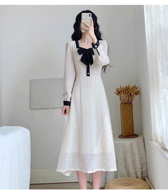 レディースワンピース 長袖 膝下丈 ミドル丈 l リボン ハイウエスト ウエストマーク Aライン シフォン フレア ドレス 春 秋 大人可愛い 大人女