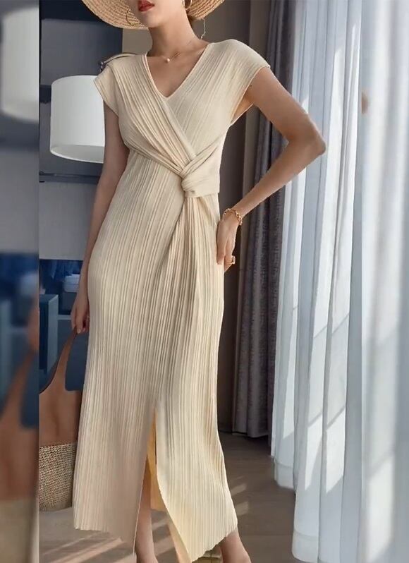 ワンピース 膝下 ミモレ l 袖あり フレンチスリーブ Vネック カシュクール 襟なし タイト スリット リブ リブニット 伸縮性 ニット かわいいの通販は 6,930円