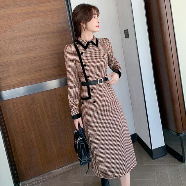 ワンピース 膝下 ミディアム丈 l 長袖 襟付き スリム 細身 ベルト
