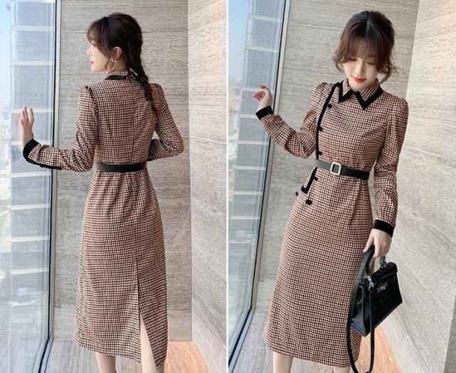 ワンピース 膝下 ミディアム丈 l 長袖 襟付き スリム 細身 ベルト