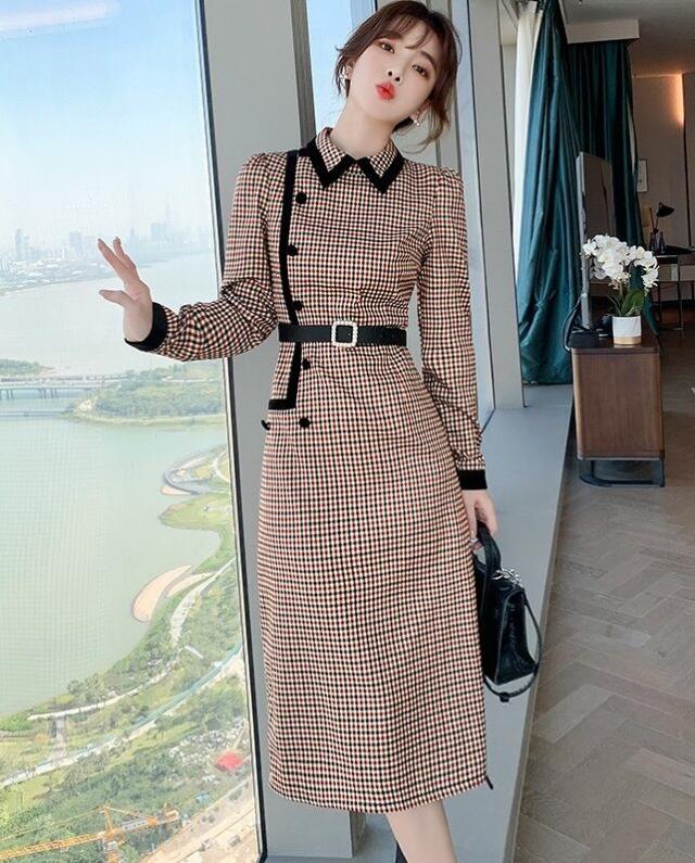 ワンピース 膝下 ミディアム丈 l 長袖 襟付き スリム 細身 ベルト ウエストマーク スリット バックスリット ファスナー かわいい 大人可愛い き ワンピース 膝下 ミディアム丈 l 長袖 襟付き スリム 細身 ベルト