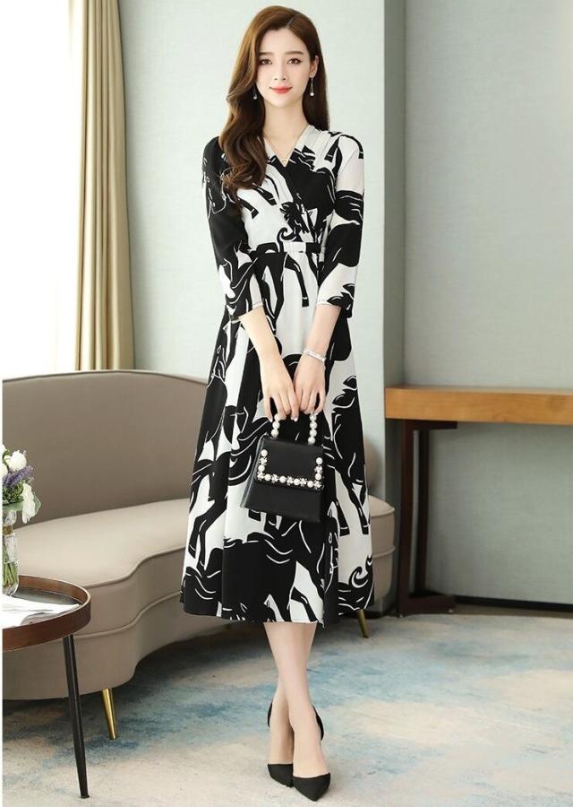 ワンピース ワンピドレス 膝下 l ミモレ丈 袖あり 長袖 Vネック カシュクール 襟なし スリム 細身 Aライン 切り替えデザイン シフォン リボン ワンピース ワンピドレス 膝下 l ミモレ丈 袖あり 長袖 Vネック