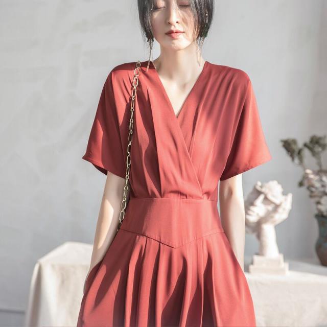 ワンピース 膝下 ミモレ l 袖あり 半袖 Vネック カシュクール 襟なし